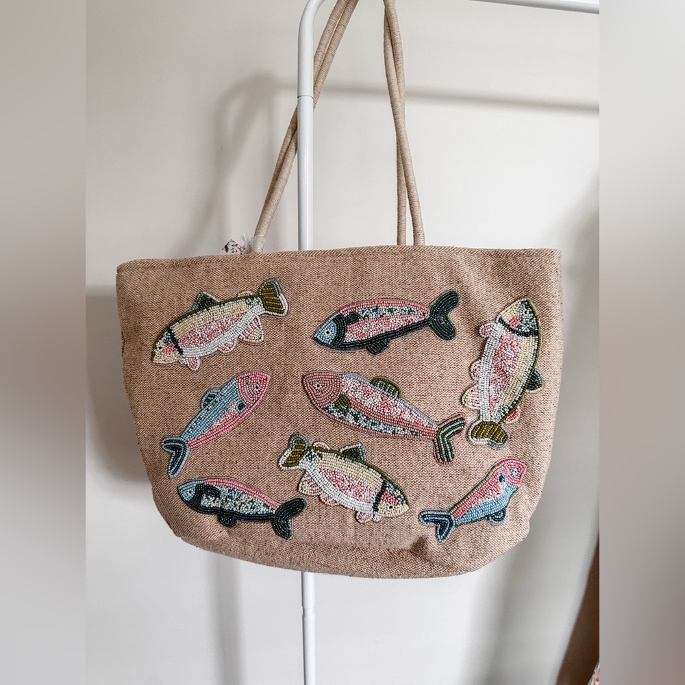 NWT Viral Beaded Fish Canvas Tote Bag